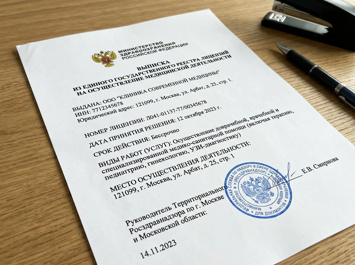 Выписка из государственного реестра лицензий медицинских организаций России, распечатка с печатью ведомства, официальный документ